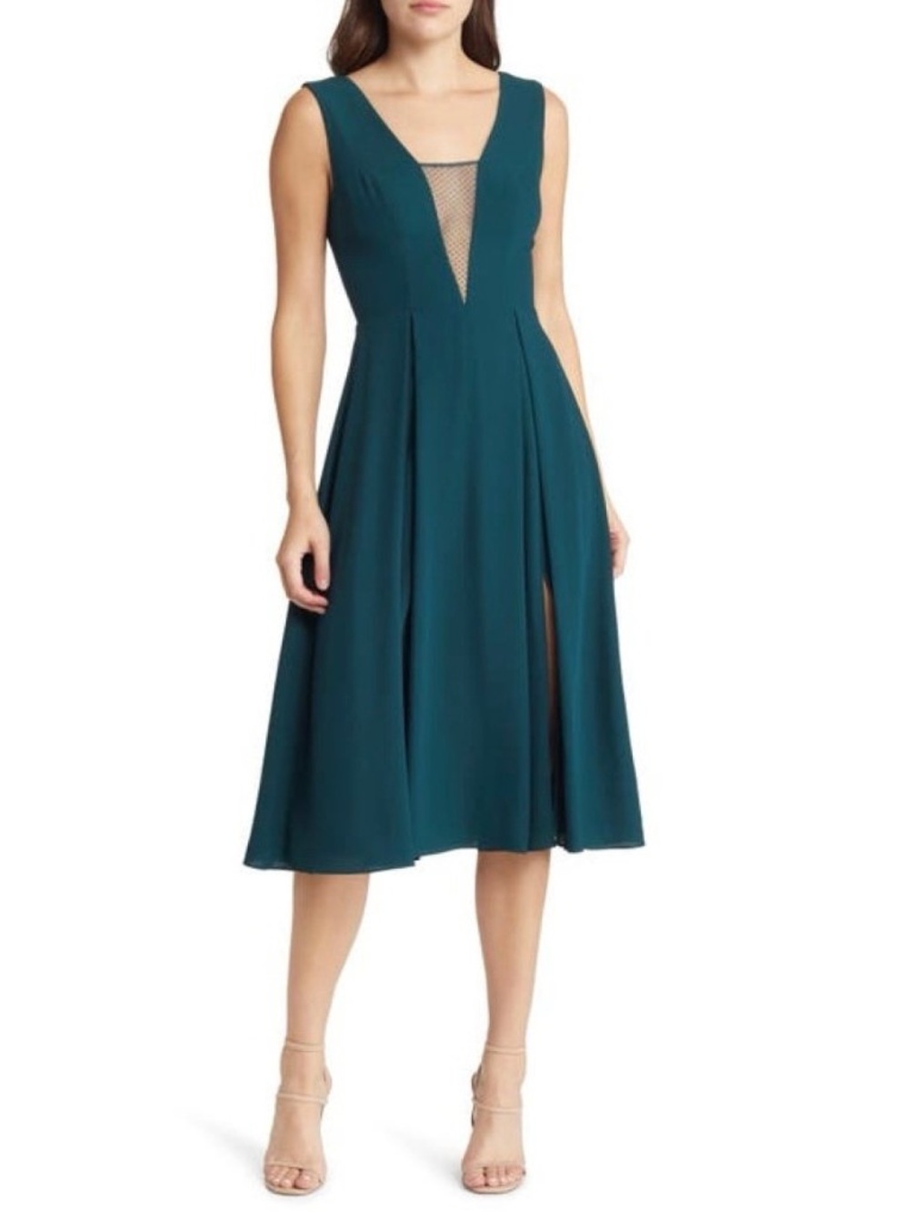 Dress the Population Eleni Illusion Plunging Neckline Teal Green Dress Sz Large